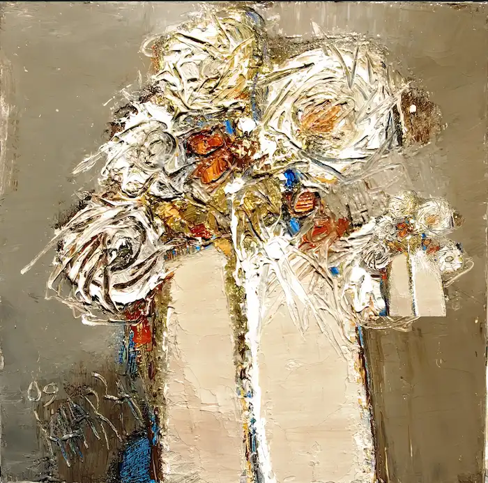 Bouquet de roses blanches – peinture à l’huile de Kharla'M, utilisée comme image d’accueil du site.