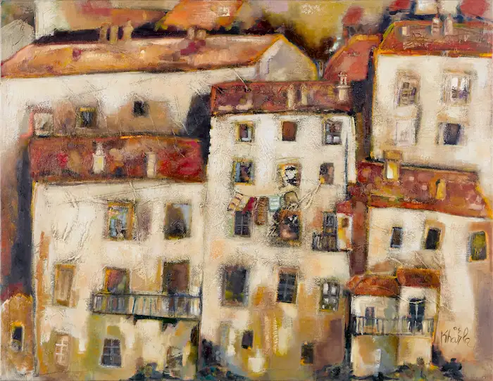Souffles du Temps, tableau original de Kharla’M. Peinture poétique et intuitive représentant des maisons anciennes baignées de lumière, source d’inspiration pour l’Oracle des Songes Blancs.
