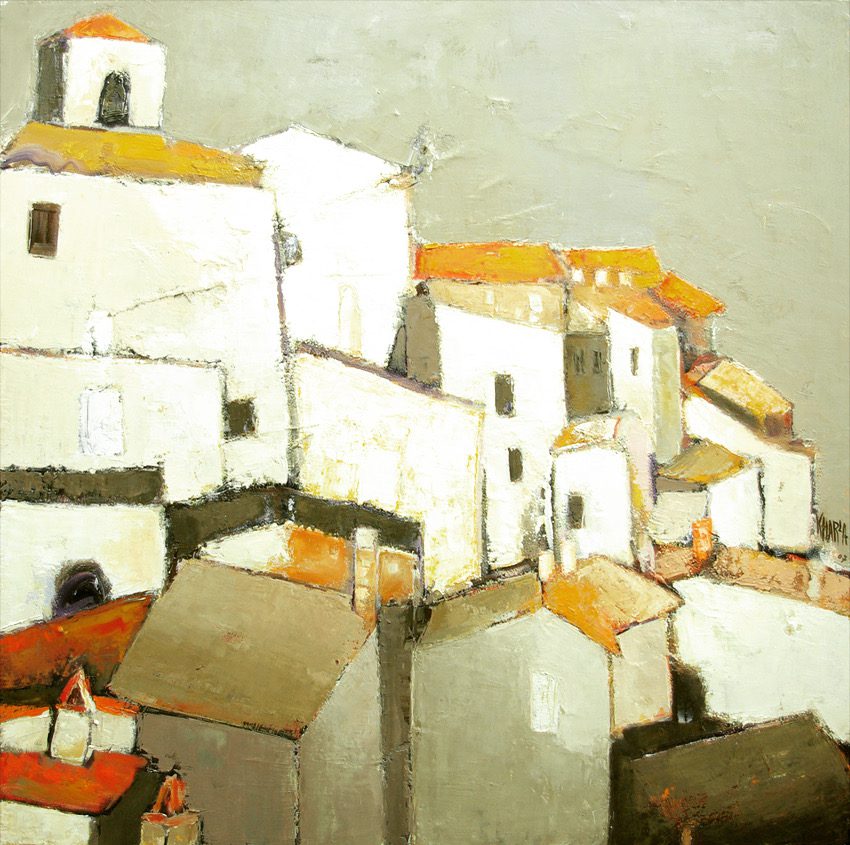 Tableau de la carte « Sérénité » (Oracle des Songes Blancs) : maisons blanches et toits ocres sous un ciel doux.